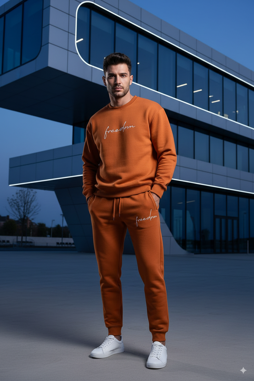 Men’s Dri-Fit Printed Track Suit – 2 Pcs Sportswear Set, Brown, Round Neck